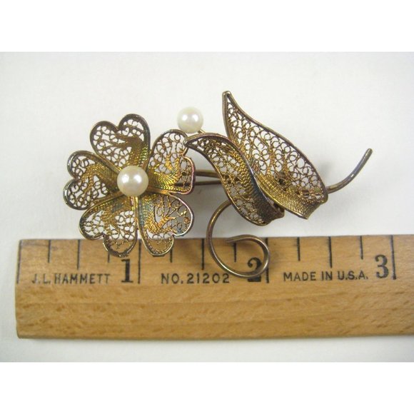 Flower Spray Brooch Pin Goldone Vintage 2.2 inch Estate Imitation Pearl Filigree - Picture 2 of 5